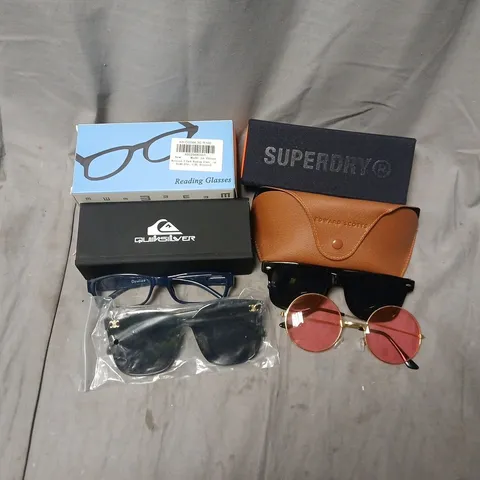 APPROXIAMTELY 15 ASSORTED SUNGLASSES/ PESCRIPTION SPECTACLES IN VARIOUS DESIGNS TO INCLUDE BRANDS SUCH AS SUPERDRY, QUICKSILVER, EDWARD SCOTTS, ETC