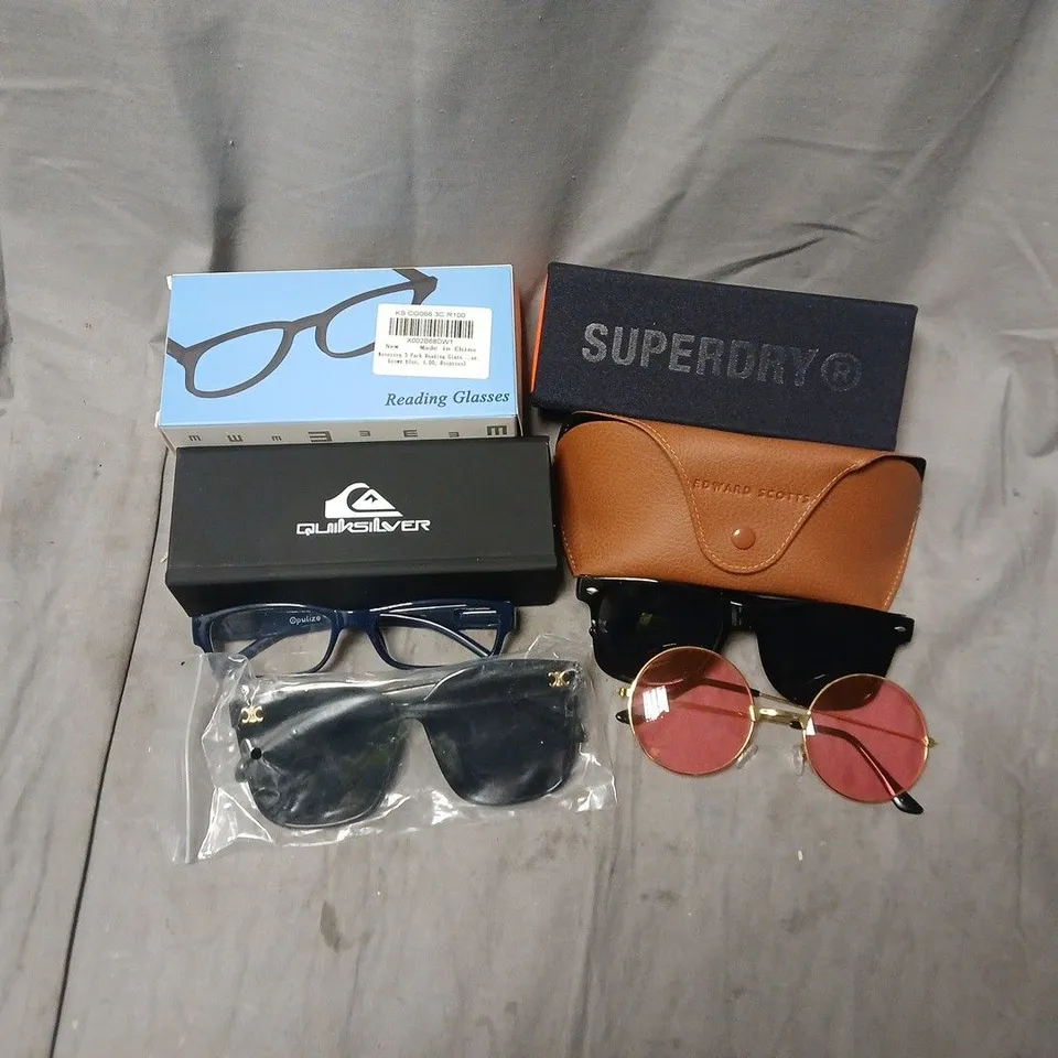 APPROXIAMTELY 15 ASSORTED SUNGLASSES/ PESCRIPTION SPECTACLES IN VARIOUS DESIGNS TO INCLUDE BRANDS SUCH AS SUPERDRY, QUICKSILVER, EDWARD SCOTTS, ETC