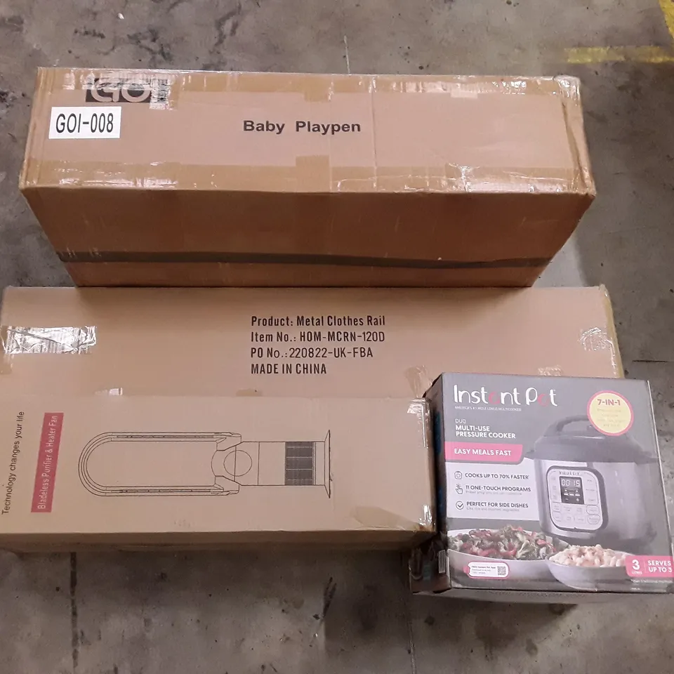 PALLET OF ASSORTED PRODUCTS INCLUDING BABY PLAYPEN, METAL CLOTHES RAIL, MULTI-USE PRESSURE COOKER, BLADELESS PURIFIER & HEATER FAN