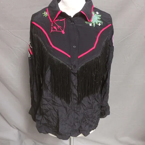 NASTY GAL CONVERSATIONAL EMBROIDERED FRINGE WESTERN SHIRT IN BLACK SIZE 10