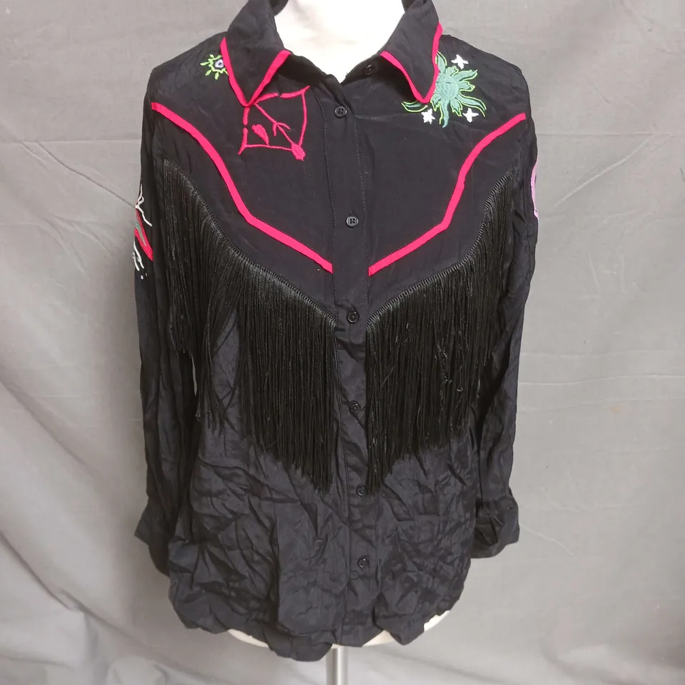 NASTY GAL CONVERSATIONAL EMBROIDERED FRINGE WESTERN SHIRT IN BLACK SIZE 10