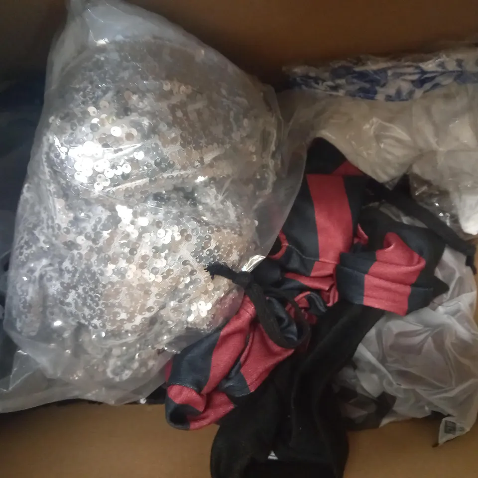 BOX OF APPROXIMATELY 10 ASSORTED CLOTHING AND FASHION ITEMS OF VARIOUS COLOURS AND STYLES TO INCLUDE SHEIN, ETC