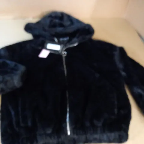 PRETTYLITTLETHING BLACK FAUX FUR HOODED BALLOON SLEEVED JACKET - UK 10