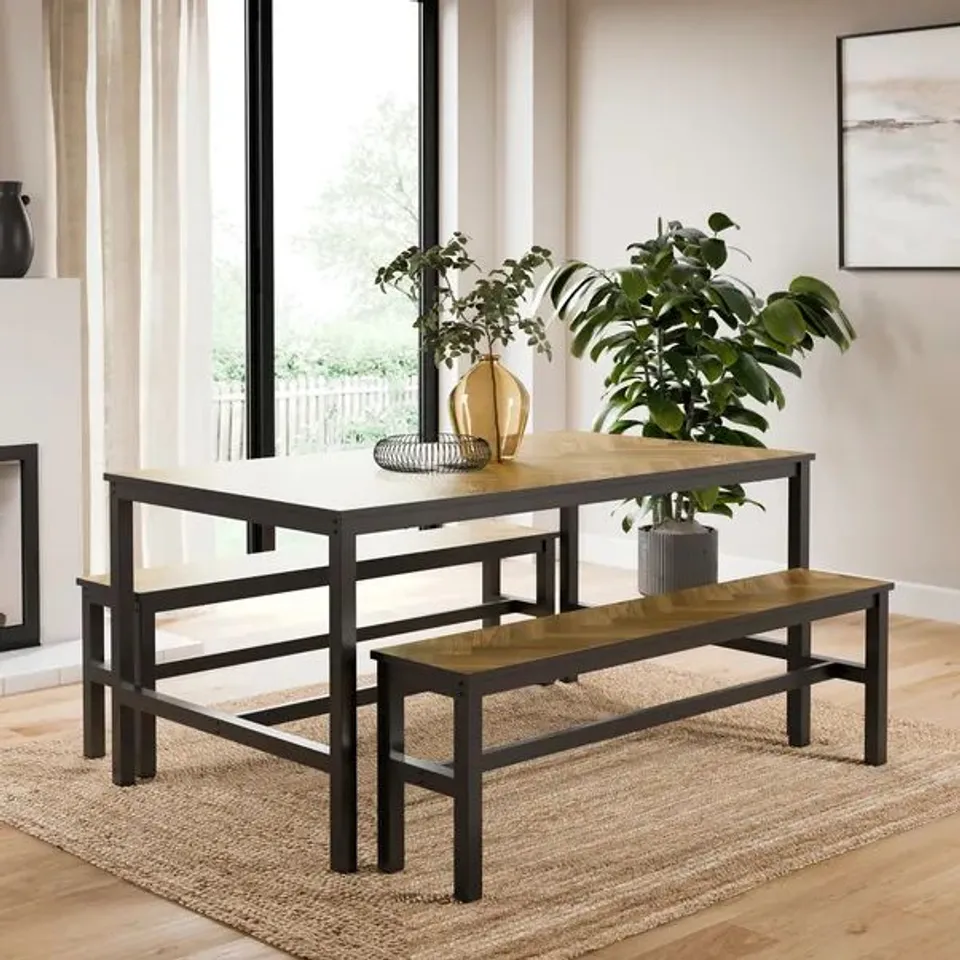 BOXED FULTON 6 SEATER RECTANGULAR DINING TABLE WITH 2 BENCHES - PARQUET EFFECT (1 BOX)