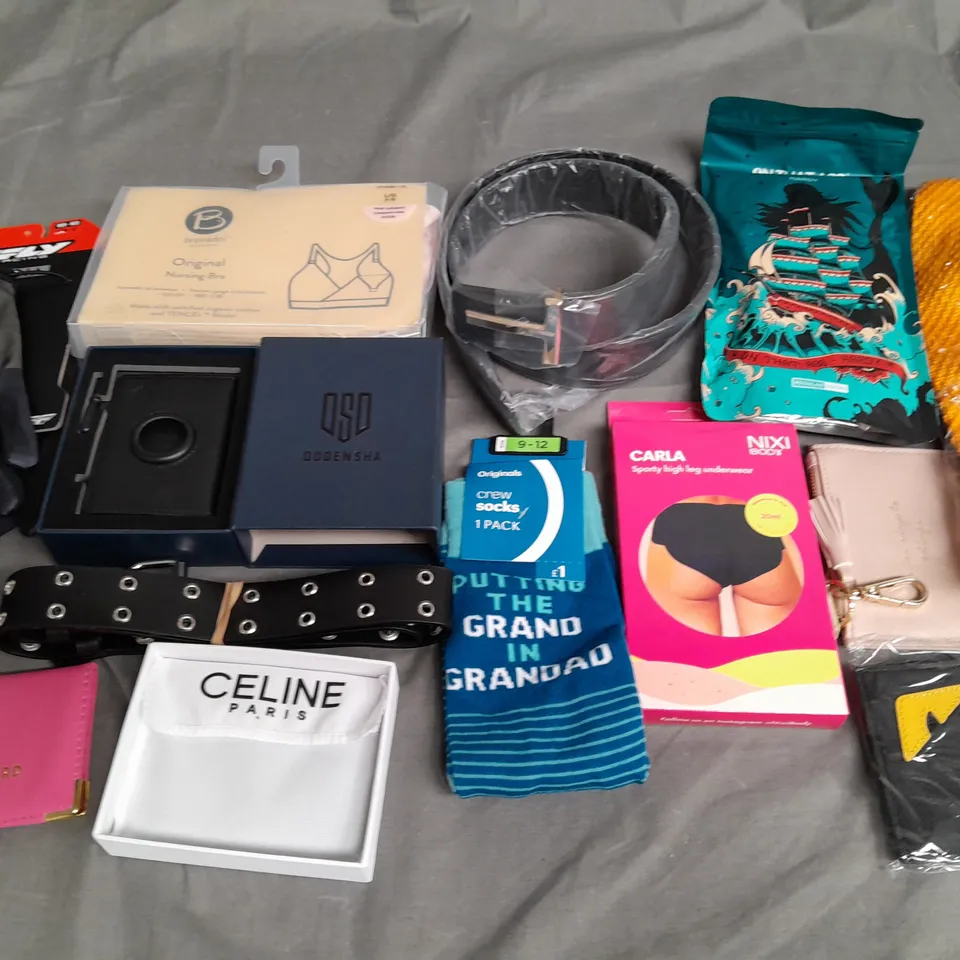 LOT OF ASSORTED CLOTHING ACCESSORIES TO INCLUDE GLOVES, WALLETS, SOCKS, BELTS AND BRAS