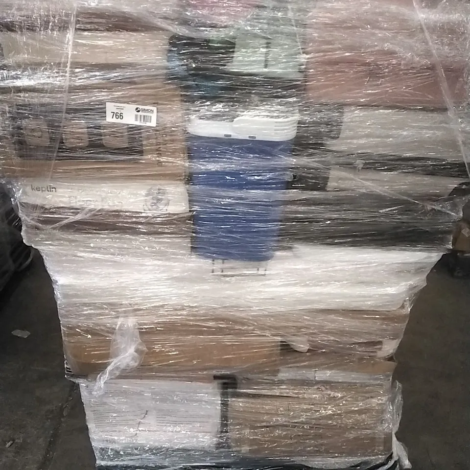 PALLET CONTAINING A LARGE QUANTITY OF ASSORTED HOUSEHOLD GOODS WHICH INCLUDE; SUITCASES, AIRFRYERS, PARASOL BASES, FANS, COOLER BOX ETC