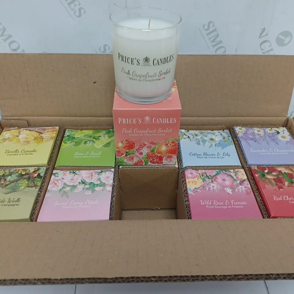LOT OF 10 PRICE'S CANDLES SCENTED CANDLES. 170G PER CANDLE. ASSORTED SCENTS