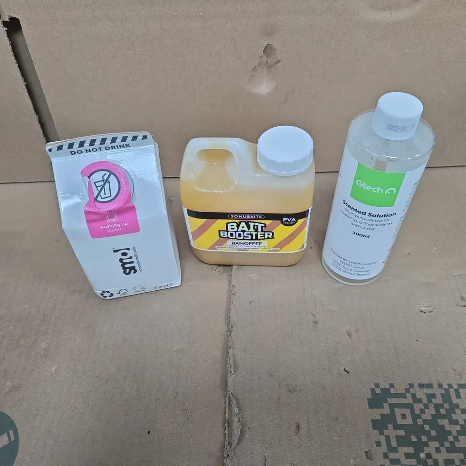 APPROXIMATELY 15 ASSORTED HOUSEHOLD PRODUCTS TO INCLUDE SCENTED SOLUTION FOR FLOORS, BAIT BOOSTER, SMOL WASHING LIQUID REFIL PACK ETC 