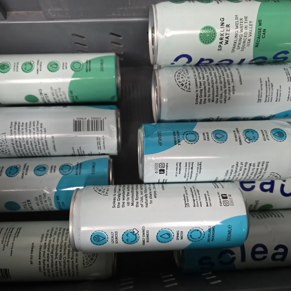 APPROXIMATELY 12 ASSORTED SOLEAU STILL & SPARKLING WATER CANS - COLLECTION ONLY