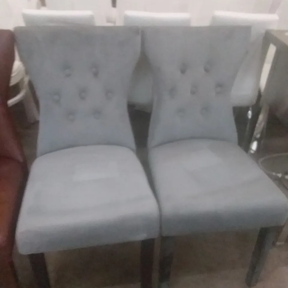 PAIR OF DESIGNER GREY VELVET BUTTON BACK DINING CHAIRS WITH BLACK LEGS
