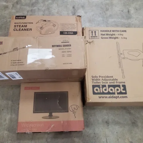 PALLET CONTAINING ASSORTED PRODUCTS INCLUDING STEAM CLEANER, DRYWALL SANDER, LED MONITOR & SOLO PRESIDENT TOILET SEAT AND FRAME