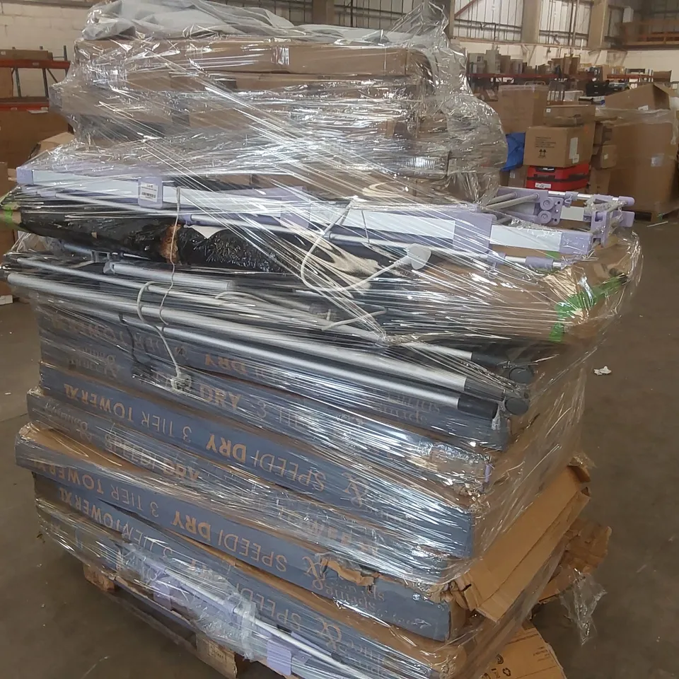 PALLET CONTAINING A VERY LARGE QUANTITY OF ASSORTED ITEMS INCLUDING: SPRING & SPRUCE SPEEDI DRY 3 TIER CLOTHES AIRERS, HIGHLANDS ELECTRIC CLOTHES AIRERS ECT