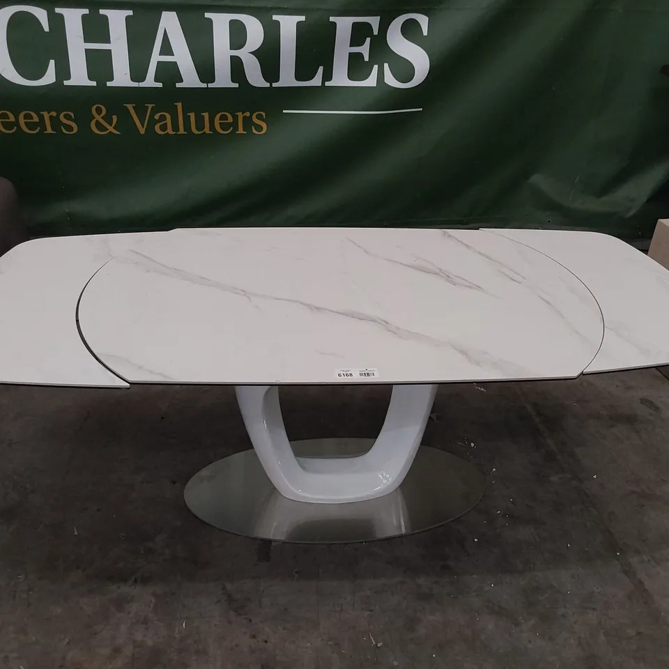 DESIGNER EXTENDING OVAL DINING TABLE WHITE MARBLE EFFECT TOP ON WHITE GLOSS PEDESTAL