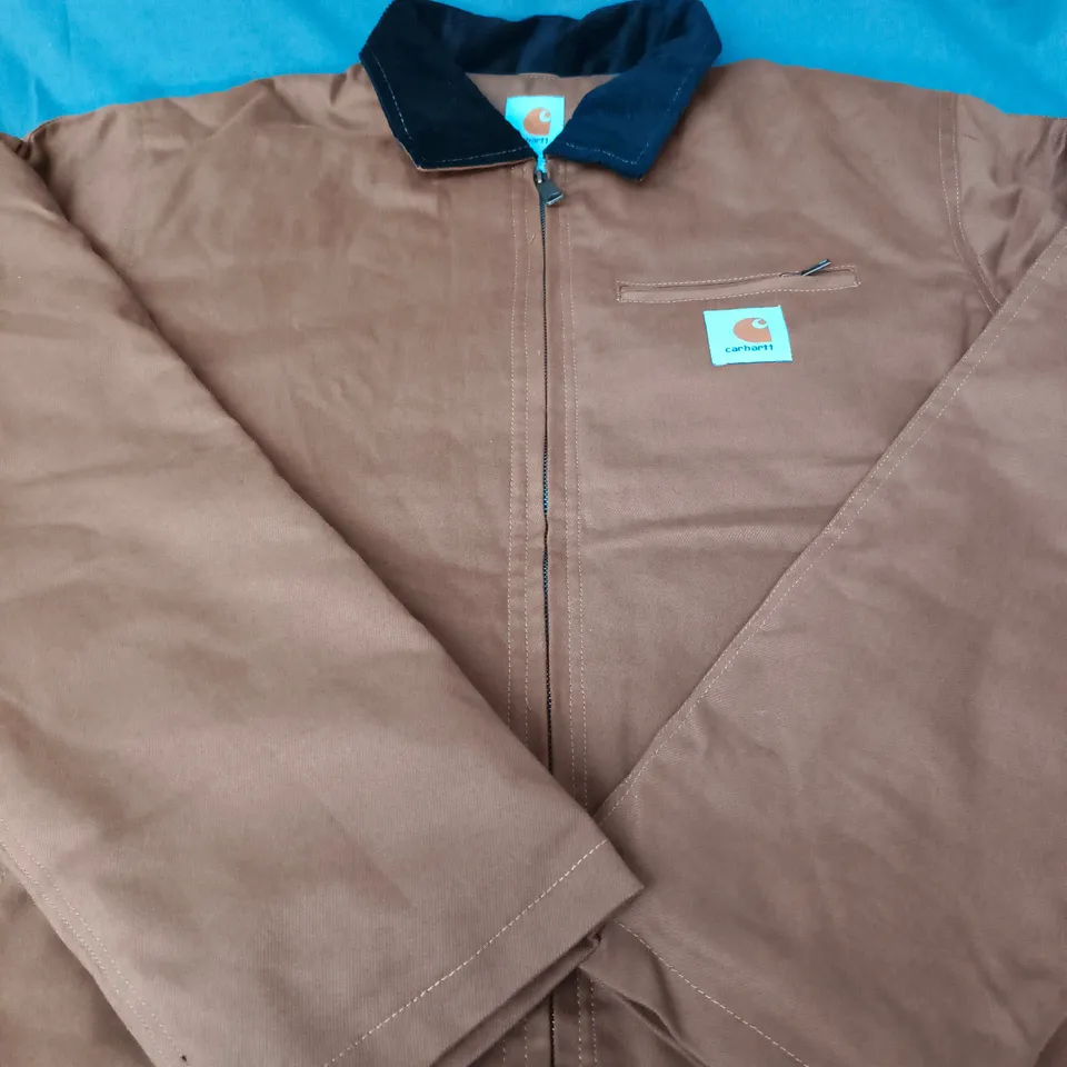 CARHARTT BROWN ZIP-FRONT JACKET WITH NAVY COLLAR - SIZE L