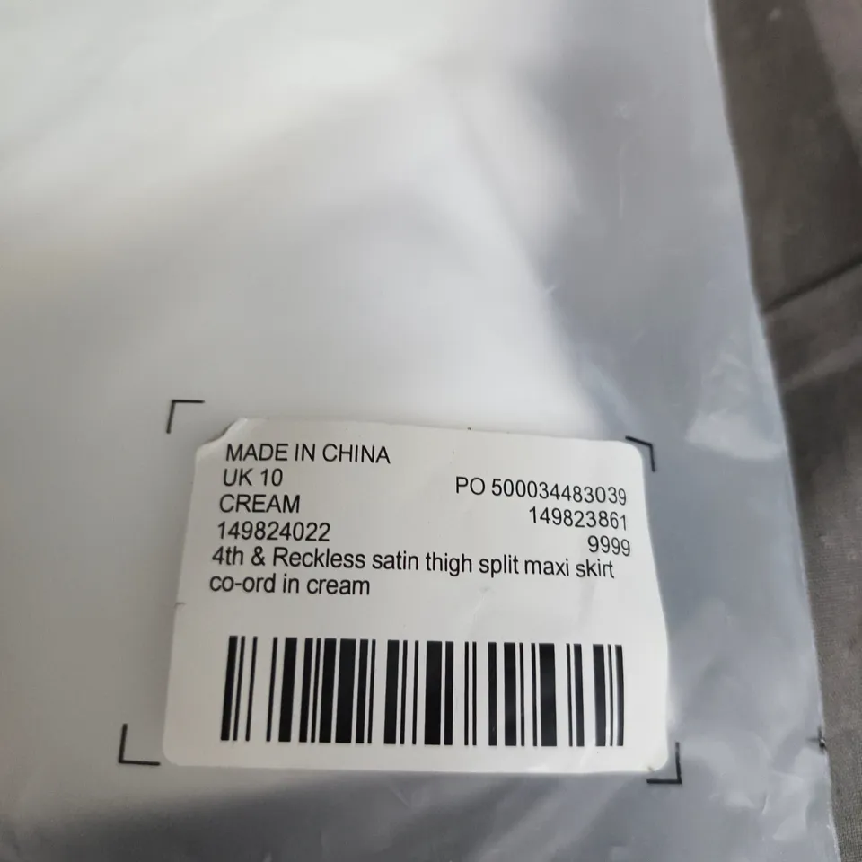 4TH & RECKLESS SATIN THIGH-SPLIT MAXI SKIRT – CREAM, UK 10