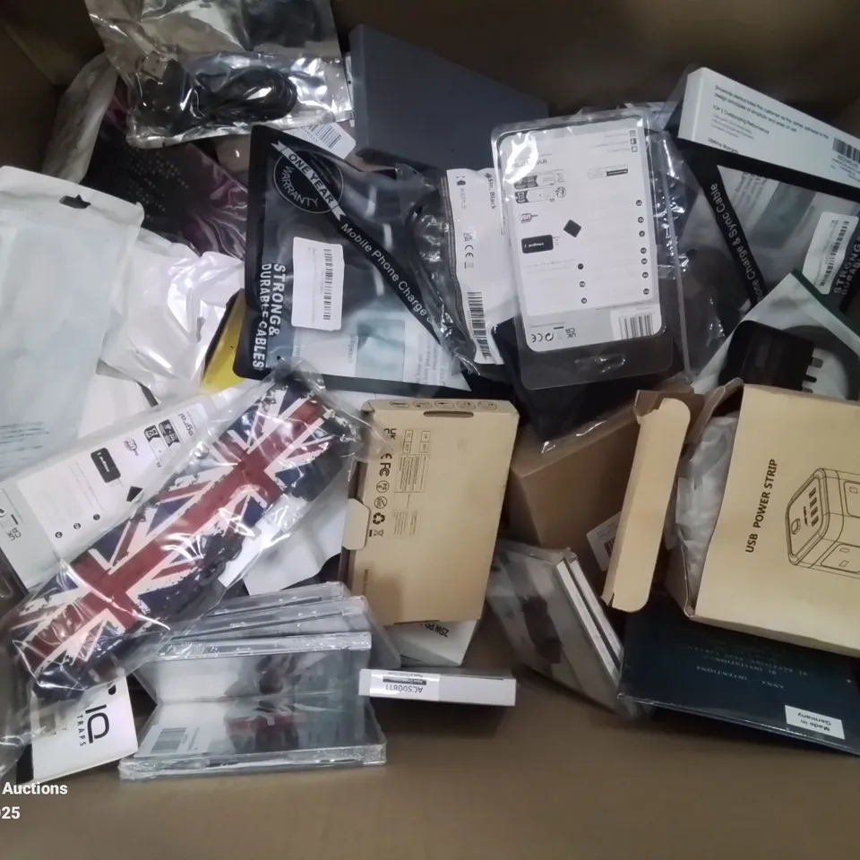 BOX CONTAINING LARGE AMOUNT OF MIXED BOXED ELECTRONIC ITEMS PHONE ACCESSORIES ETC.