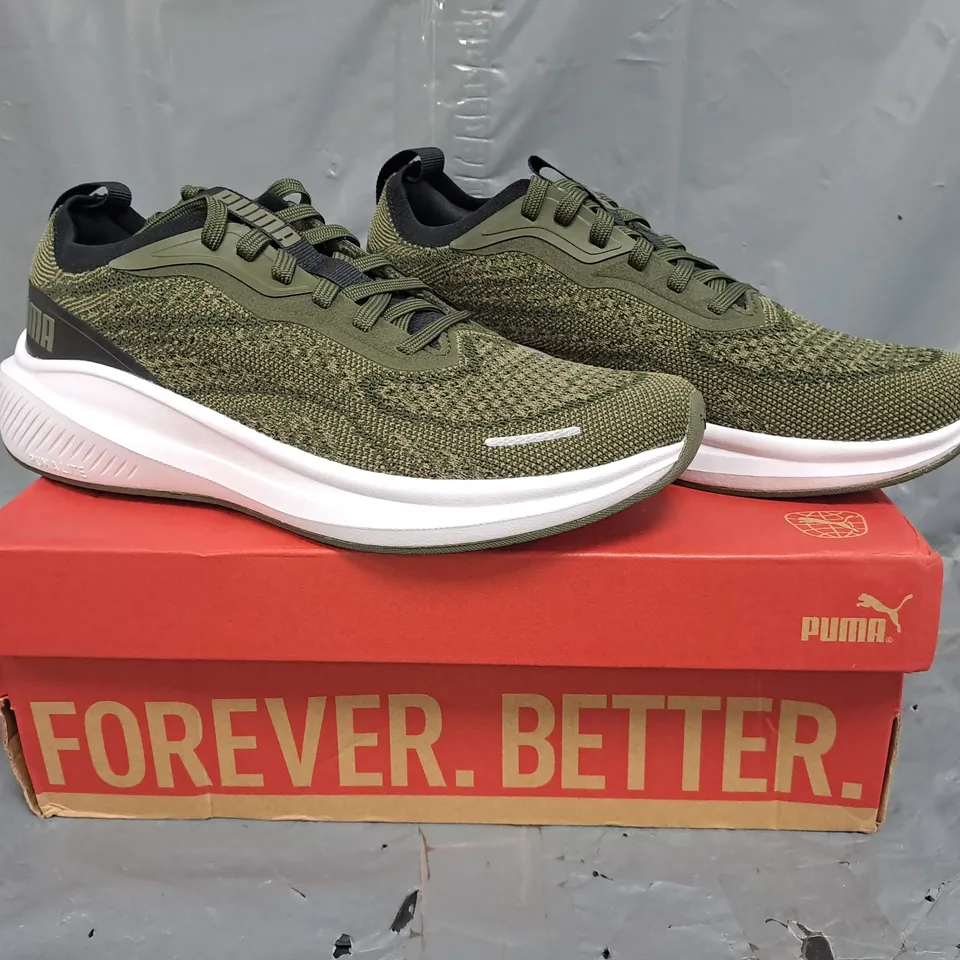 BOXED PAIR OF PUMA SKYROCKET LITE ENGINEERED TRAINERS IN DARK OLIVE SIZE UK 8