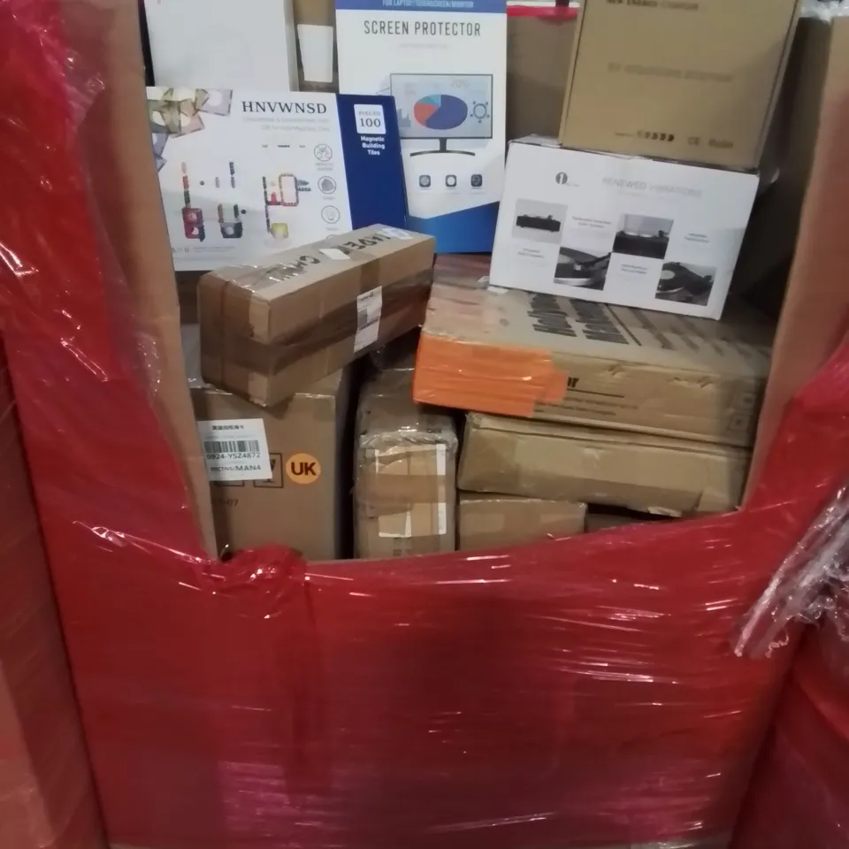 PALLET CONTAINING VARIOUS ASSORTED ITEMS TO INCLUDE: HOLLYWOOD MAKE-UP MIRROR, VINYL TURNTABLE SYSTEM, EV CHARGING STATION, 100PC MAGNECTIC TOY, SCREEN PROTECTION AND LOTS MORE UNMARKED BOXED ITEMS 