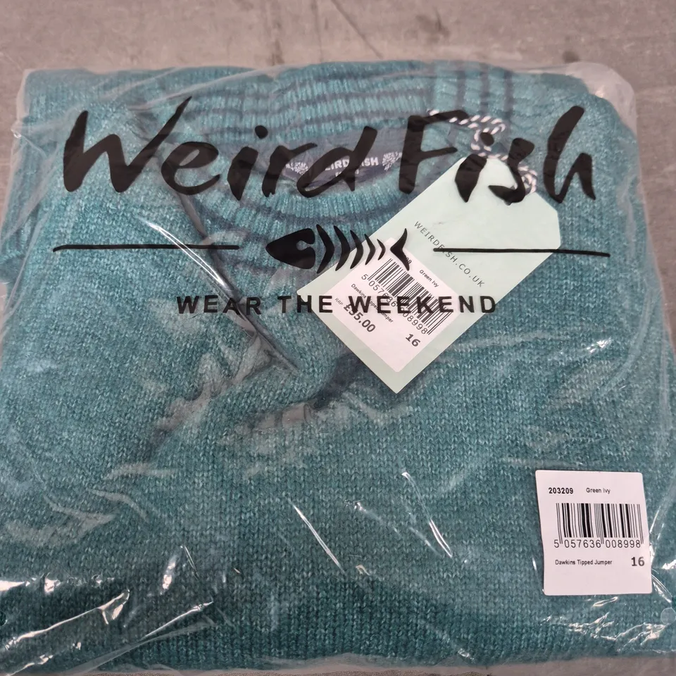 WEIRD FISH DAWKINS TIPPED JUMPER – GREEN IVY, UK 16
