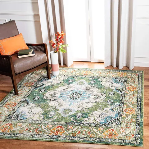 BOXED SAFAVIEH MONACO COLLECTION AREA RUG - 4' SQUARE, FOREST GREEN & LIGHT BLUE, NON-SHEDDING & EASY TO CLEAN, DISTRESSED MEDALLION DESIGN