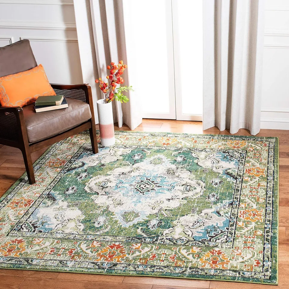 BOXED SAFAVIEH MONACO COLLECTION AREA RUG - 4' SQUARE, FOREST GREEN & LIGHT BLUE, NON-SHEDDING & EASY TO CLEAN, DISTRESSED MEDALLION DESIGN