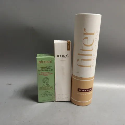 3 ASSORTED HEALTH AND BEAUTY PRODUCTS TO INCLUDE FILTER BY MOLLY MAE TANNING MOUSSE, ICONIC LONDON PREP SET GLOW, NIFEISHI ROSEMARY MINT SCALP & HAIR STRENGTHENING OIL