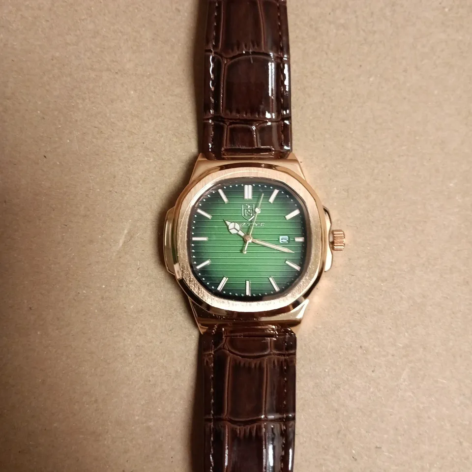 BOXED FRANK SCHMIDT WRISTWATCH WITH GREEN DIAL, ROSE-GOLD CASE, AND BROWN CROCODILE-EMBOSSED LEATHER STRAP