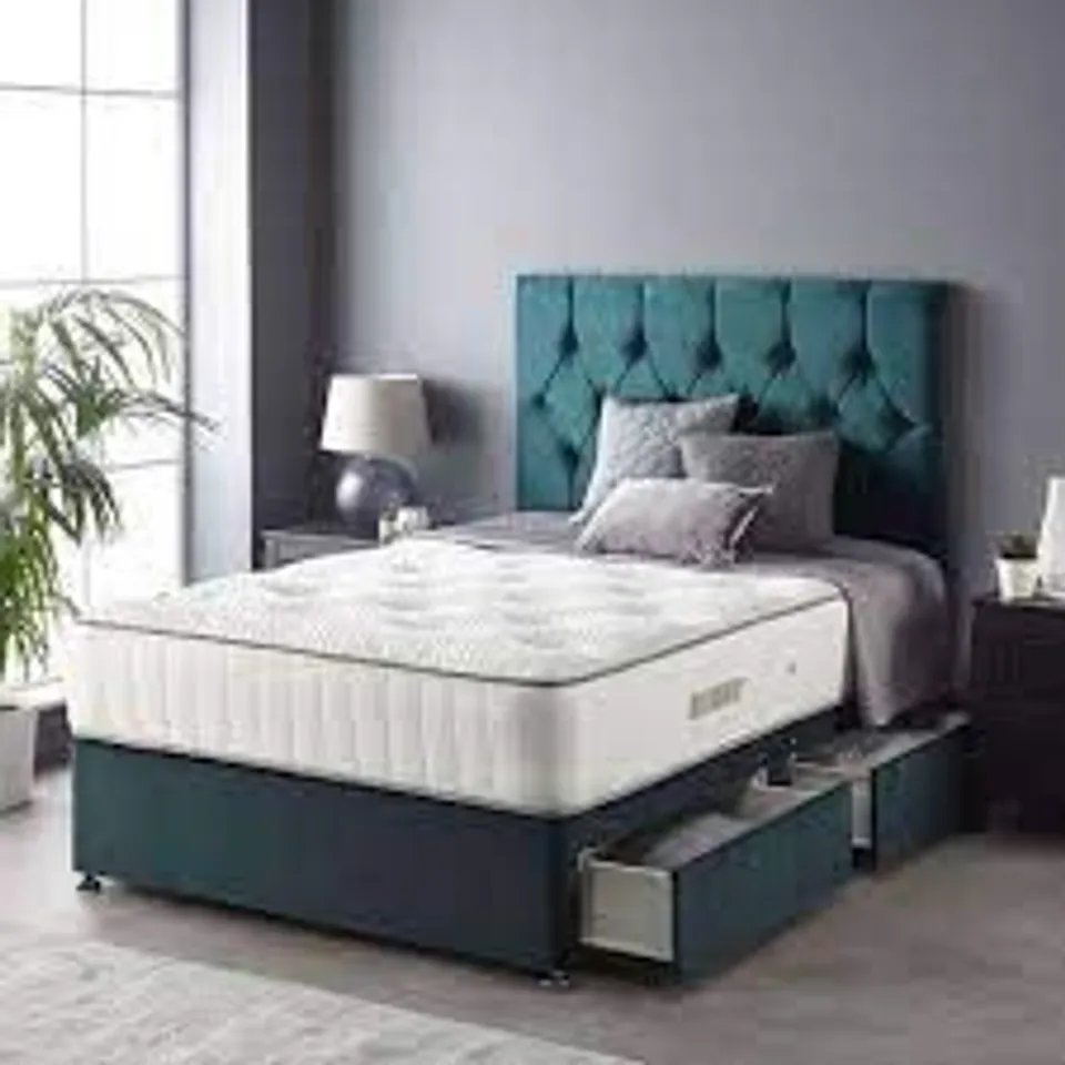 BOXED BOUTIQUE UPHOLSTERED PLUSH DIVAN- KING SIZED- TURQUOISE- (3 BOXES)