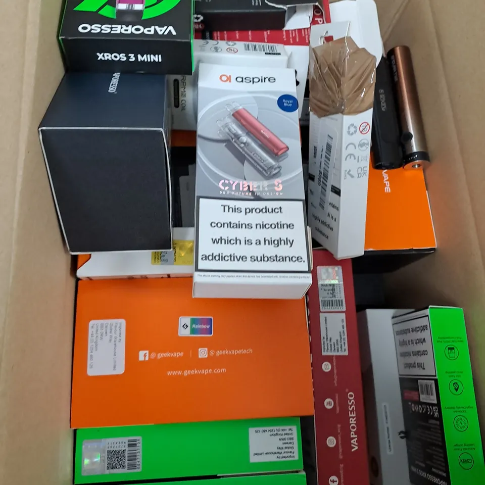 BOX OF APPROXIMATELY 15 ASSORTED E-CIGARATTES TO INCLUDE VAPEROSSO , ASPIRE, INNOKIN ETC.