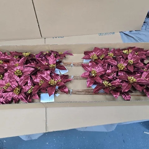 BOX OF APPROXIMATELY 12 GISELA GRAHAM RED AND GLITTER FAUX FLOWER DECORATIONS