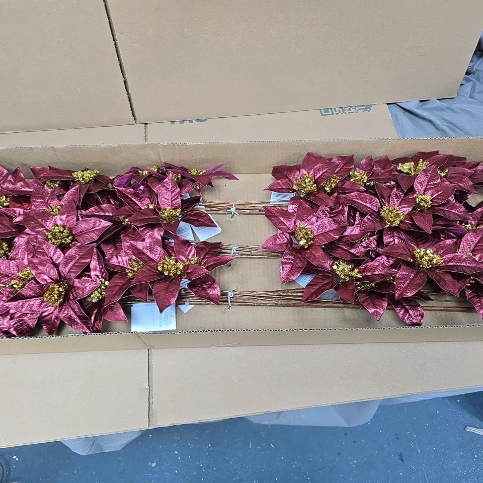 BOX OF APPROXIMATELY 12 GISELA GRAHAM RED AND GLITTER FAUX FLOWER DECORATIONS