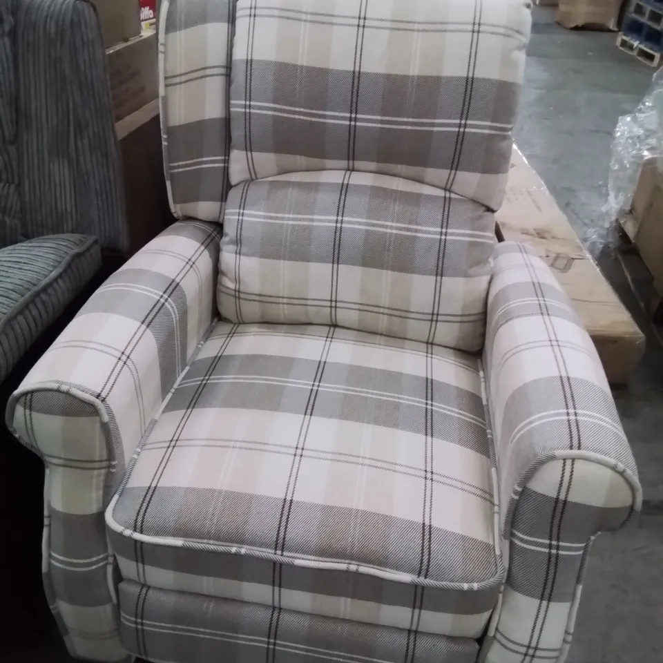 DESIGNER EATON PUSH BACK RECLINING EASY CHAIR GREY TARTAN FABRIC 