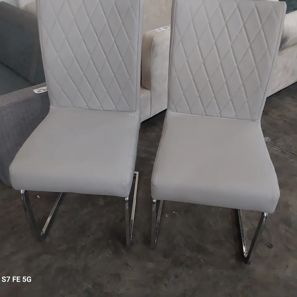 PAIR OF DESIGNER UPHOLSTERED DINING CHAIRS GREY PU ON CHROME FRAME