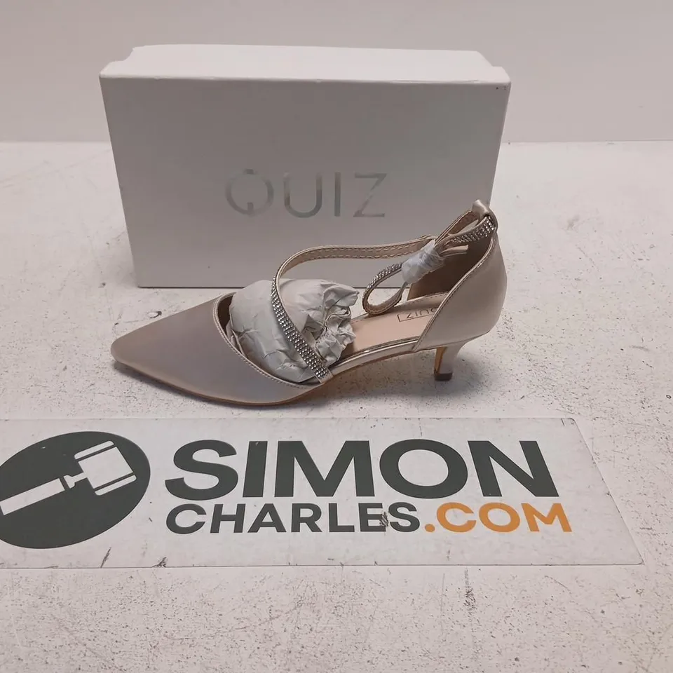 QUIZ CHAMPAGNE SATIN POINTED COURT SHOES WITH RHINESTONE STRAPS, UK 7