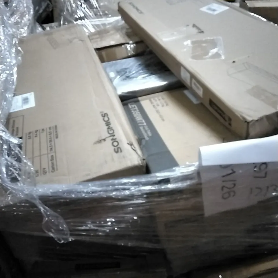 PALLET OF HOUSEHOLD ITEMS TO INCLUDE STORAGE OTTOMANS, CLOTHES RACK, END TABLE, SHOE RACKS AND OTHER ASSORTED ITEMS...
