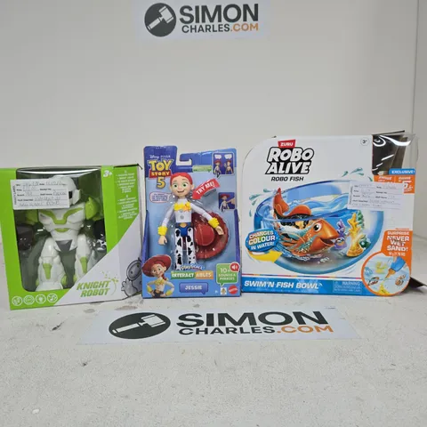 BOX OF APPROXIMATELY 10 ASSORTED TOYS INCLUDING KNIGHT ROBOT, TOY STORY 5 INTERACTABLE JESSIE AND ROBO ALIVE ROBO FISH