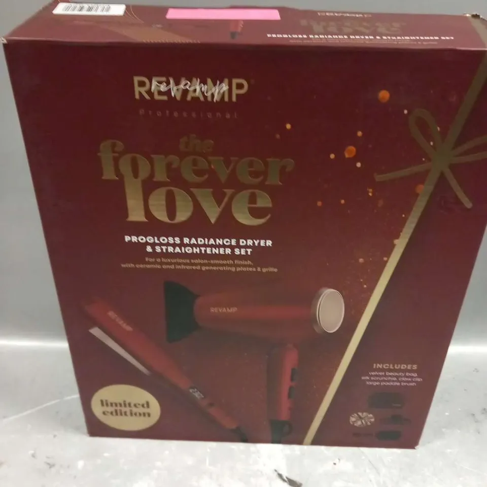 BOXED REVAMP PROFESSIONAL THE FOREVER LOVE PROGLOSS RADIANCE DRYER AND STRIGHTENER SET GSST200DR375-GB