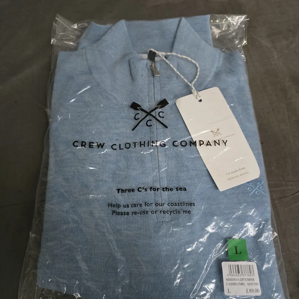 CREW CLOTHING MERINO 1/2 ZIP JUMPER – LIGHT BLUE, SIZE L