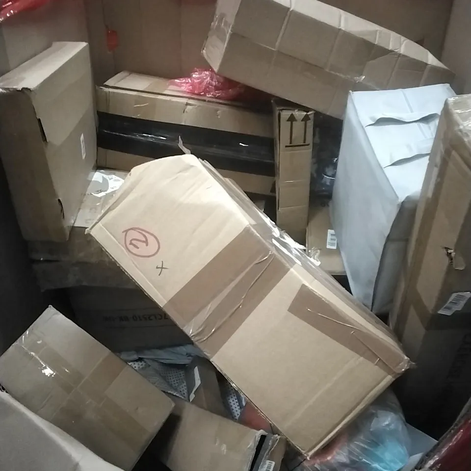 A PALLET CONTAINING ASSORTED HOUSEHOLD GOODS AND PRODUCTS TO INCLUDE; EXERCISE MATS, BOXED FURNITURE ETC