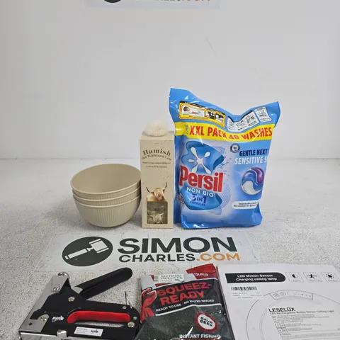 TOTE OF APPROXIMATELY 10 ASSORTED ITEMS INCLUDING PERSIL NON BIO 3IN1 CAPSULES, LESELUX LED RECHARGEABLE MOTION SENSOR CEILING LIGHT AND FJUKA SQUEEZE READY PELLETS