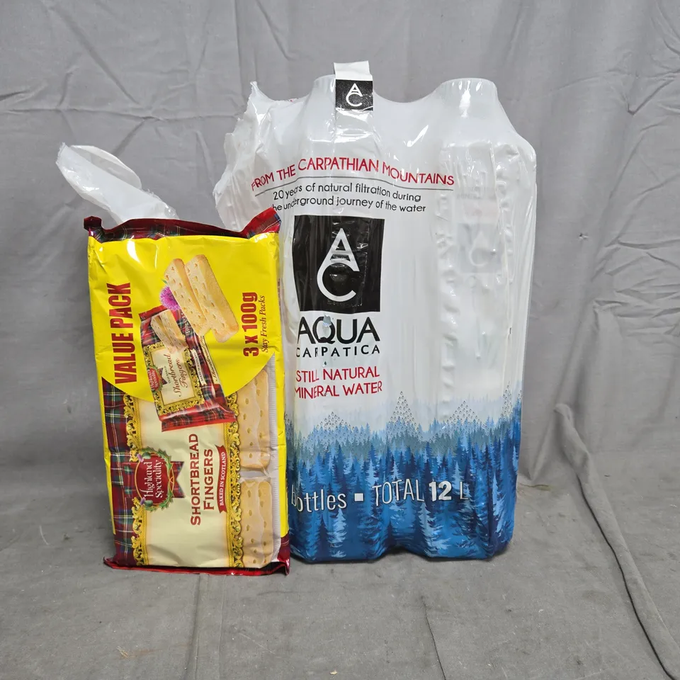 ASSORTMENT OF FOOD PRODUCTS TO INCLUDE AQUA STILL MINERAL WATER, SHORTBREAD FINGERS, ETC