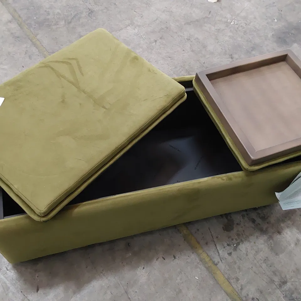 QUALITY BRITISH MADE LOUNGE Co RECTANGULAR STORAGE FOOTSTOOL WITH REVERSIBLE TRAY TOP GREEN PLUSH FABRIC 