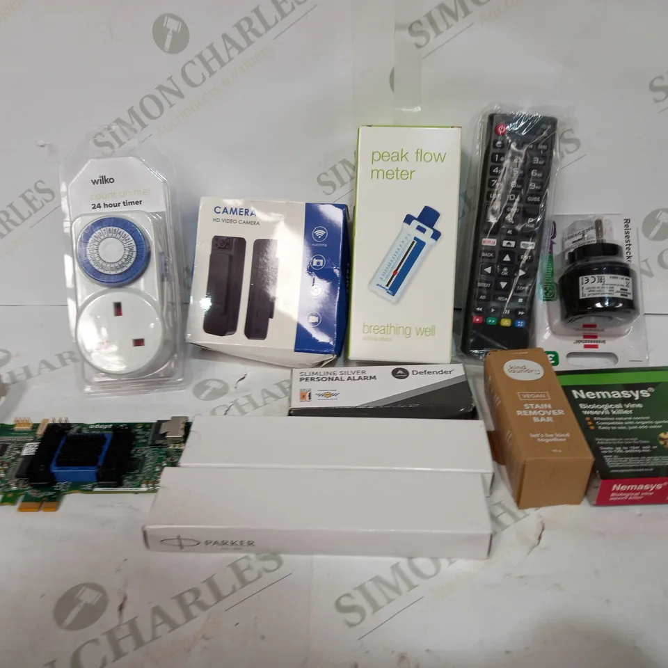 BOX TO CONTAIN APPROX 30 ASSORTED HOUSEHOLD PRODUCTS, INCLUDES TV REMOTE, INSECT KILLER, PC PART ETC 