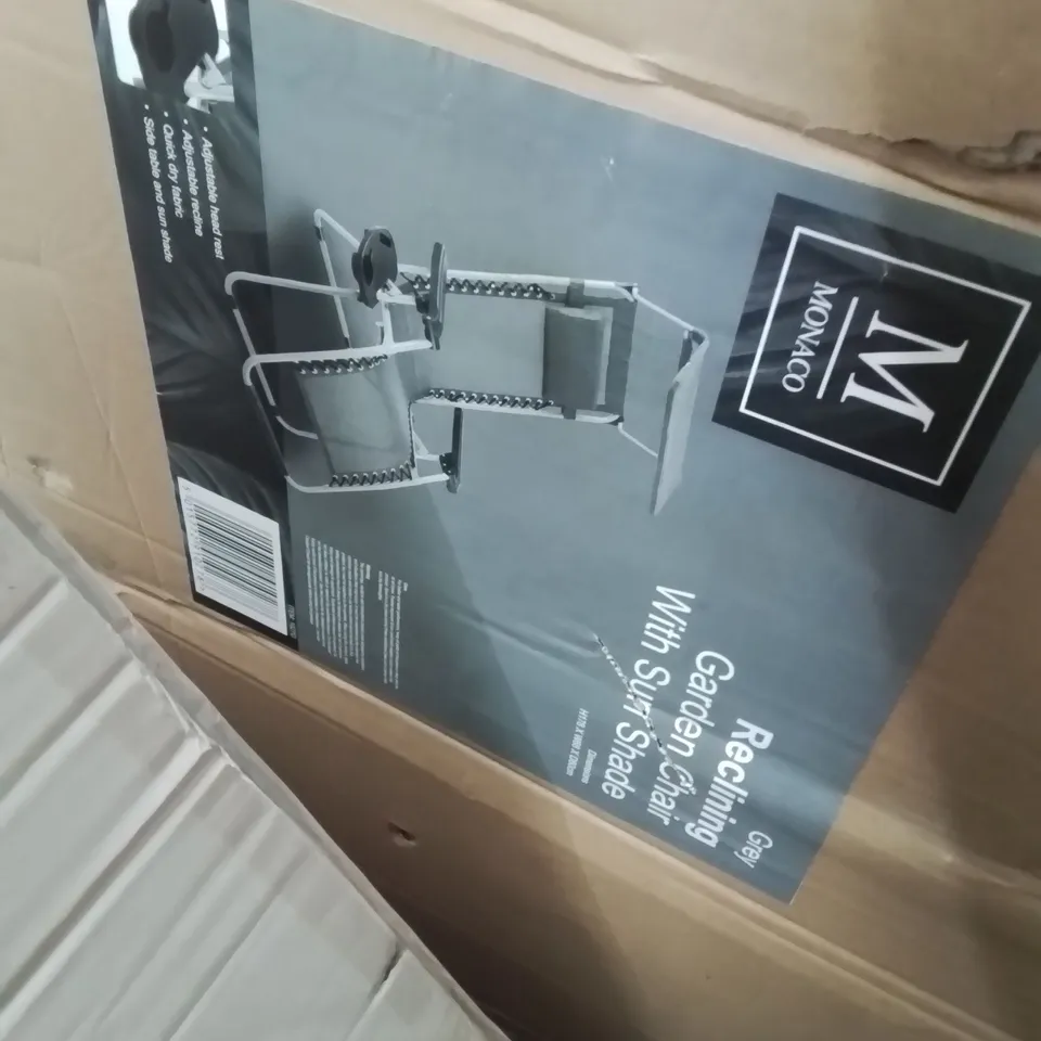 BOXED MONACO GREY RECLINING GARDEN CHAIR WITH SUN SHADE