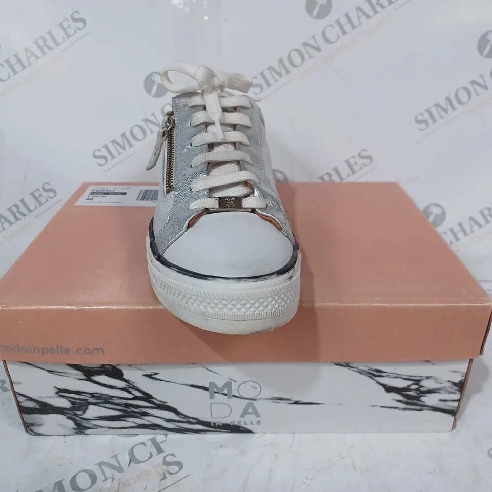 BOXED MODA IN PELLE LEATHER TRAINERS, WHITE SILVER - SIZE 7