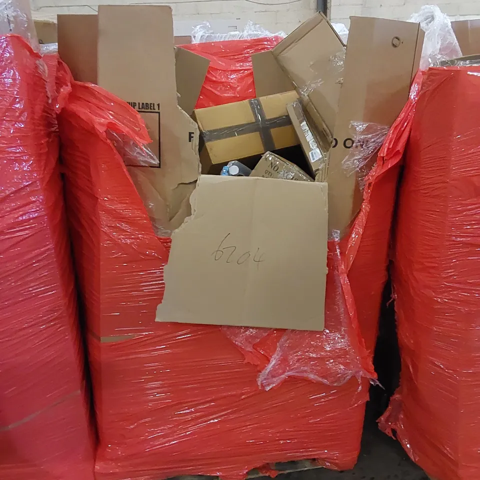 PALLET TO CONTAIN ASSORTED HOUSEHOLD PRODUCTS. INCLUDES BLIND, LIGHT FIXTURE, AIR FRYER, PILLOW ETC