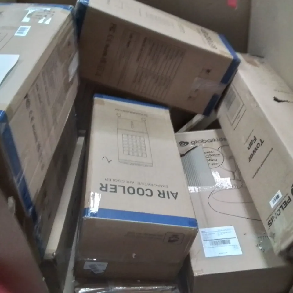 PALLET OF ASSORTED HOUSEHOLD ITEMS AND CONSUMER PRODUCTS TO INCLUDE; A LARGE QUANTITY OF AIR COOLERS, SOLAR PANEL, BATHROOM MIRROR, CHILD'S CAR SEAT ETC