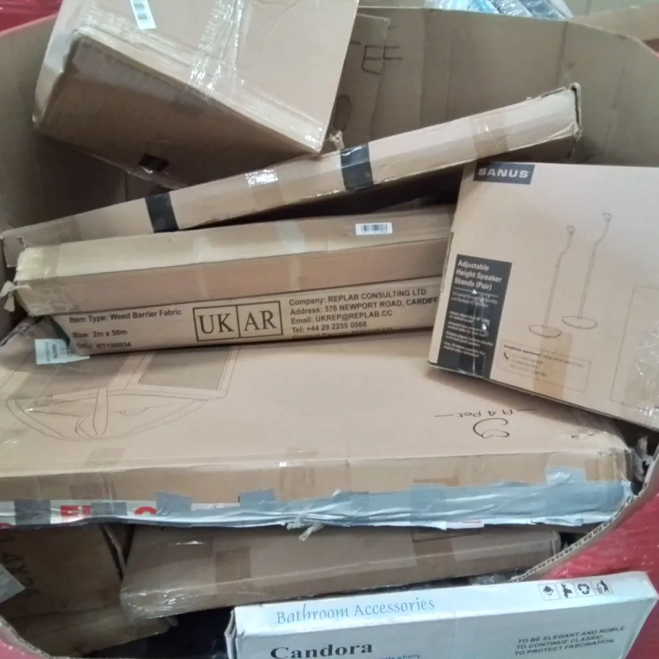 PALLET CONTAINING VARIOUS ASSORTED BOXED HOUSEHOLD ITEMS TO INCLUDE: WEED BARRIER FABRIC, SOFT WALL PET CARRIER, 3D WALL PANEL, AND LOTS MORE UNMARKED BOXED ITEMS 