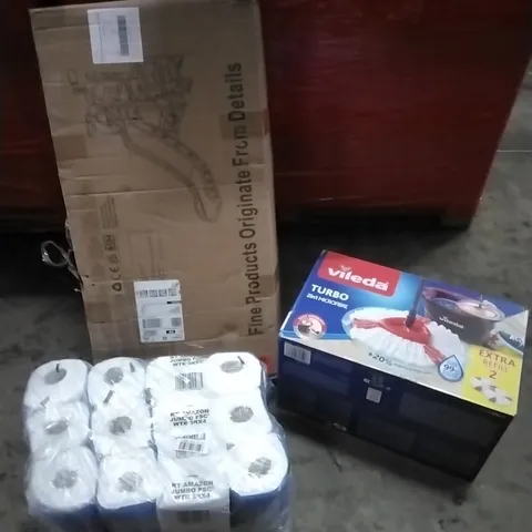 PALLET OF HOUSEHOLD ITEMS TO INCLUDE CHILDREN'S SLIDE,TOILET ROLLS, TURBO 2IN1 MICROFIBER AND OTHER ASSORTED ITEMS...