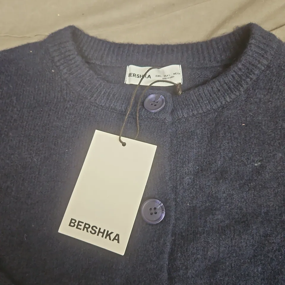 BERSHKA NAVY KNIT CARDIGAN, BUTTON FRONT - SIZE L